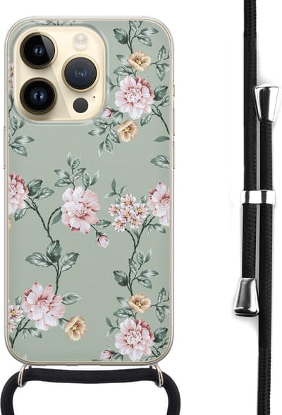 Hoesje met koord - Geschikt voor iPhone 14 Pro - Bloemetjes - Verstelbaar zwart koord - Transparant, Groen - Bloemen - Leuke Telefoonhoesjes