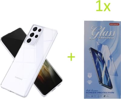 Soft Back Cover Hoesje Geschikt voor: Samsung Galaxy S21 Ultra Transparant TPU Siliconen Soft Case + 1X Tempered Glass Screenprotector