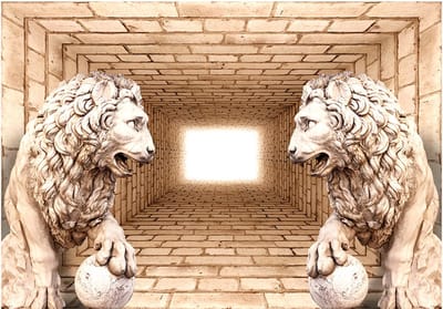 Fotobehangkoning - Behang - Vliesbehang - Fotobehang Leeuwen Standbeelden voor de 3D Tunnel - Mystery of lions - 150 x 105 cm