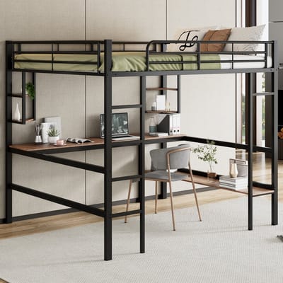 Hoogslaper 140x200 cm - Met Bureau En Boekenkast - Vier Opbergplanken - Metaal - Zwart