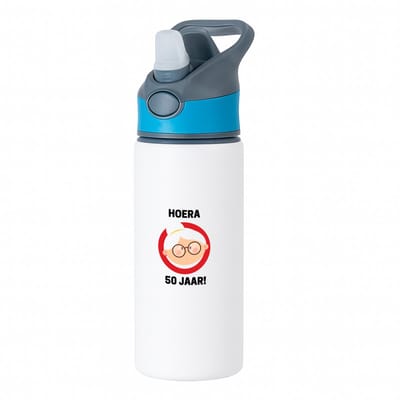 Hacebo® - hoera 50 jaar! vrouw waterfles met rietje blauw - 49+1 - mensen die 50 zijn geworden - 50 jaar Sarah cadeau - Jubileum vrouw - Verjaardags - Grappige tekst - Jarig - Verjaardag - water fles - 650ML