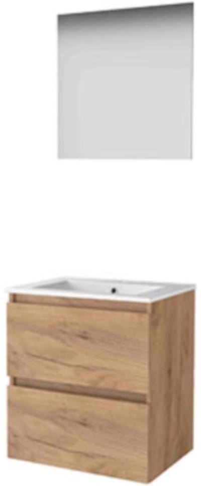 Basic-Line Ultimate 46 Badkamermeubelset - 60 x 46 cm - Greeploos - 2 Lades - Keramische Wastafel - 1 Kraangat - Spiegel met Indirecte LED Verlichting - Whisky Oak