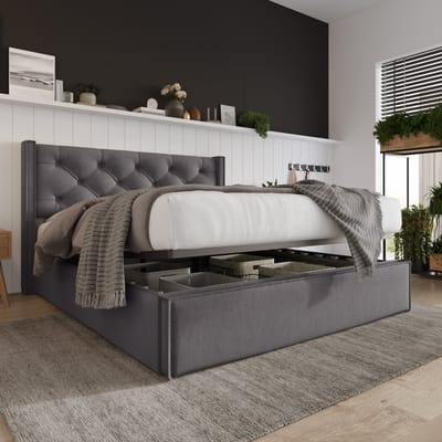 DESMIU Gestoffeerd Bed 140x200 cm – Retro Hoofdbord Met Opbergruimte – Hydraulisch Opklapbaar – Grote Bedkist – Slaapkamer – Katoen – Grijs – Zonder Matras