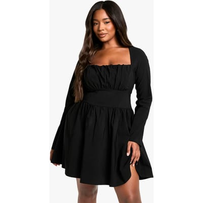 boohoo Dames Plus Bengaline Corset Jurk met Lange Mouwen en Skaterrok | Zwart | Maat: 44