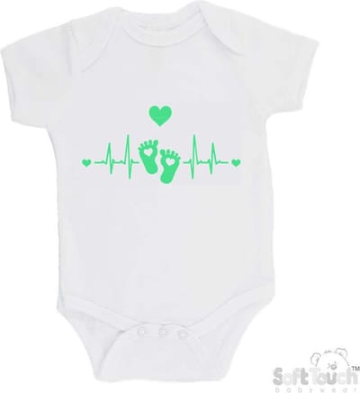 100% Katoenen Romper "Hartslag voetjes" Unisex Katoen Wit/mint Maat 62/68