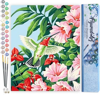 Figured'Art Schilderen op Nummer Volwassenen canvas Kolibrie in de bloemen - Handwerk acrylverf Kit DIY Compleet - 40x50cm zonder frame