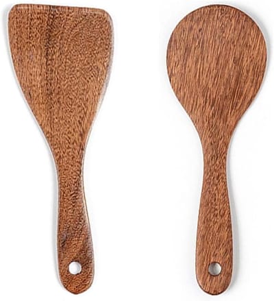 Set van 2 Houten Rijstlepels - Hittebestendige, Antikleef Keukenlepels voor het Maken en Serveer van Rijst, Natuurlijk Hout, Ideaal voor Koken en Mengen
