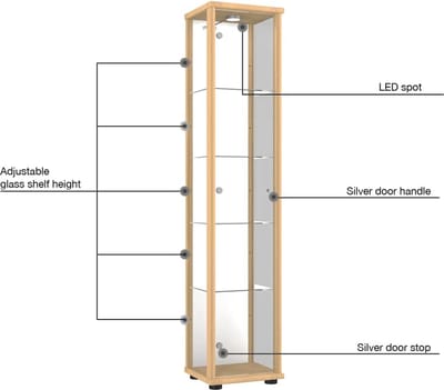 Vitrinekast in Beuken met Glazen Leggers en LED Verlichting - Ideale Verzamel- en Presentatiekast