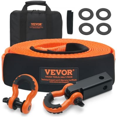 VEVOR Heavy-Duty Polyester Sleepkabel Bergingsset, 3" x 30ft (MBS-36.000 lbs), Lierband, Drievoudig Versterkte Lus, Bergingsband + 2" Trekhaakhouder + 3/4" D-ringbeugel (2-pack) + Opbergtas