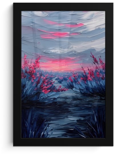 Poster in lijst - Fotolijst 20x30 cm - Posters - Schilderij - Zonsondergang - Bloemen - Rivier - Posterlijst zwart - Decoratie - Wanddecoratie woonkamer - Muurdecoratie slaapkamer