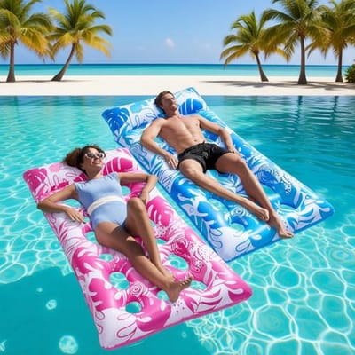 Opblaasbare waterpool luchtmatras - 2 XL poolvlotten met hoofdsteun - Drijvend zonnebed voor volwassenen - Blauw en Roze