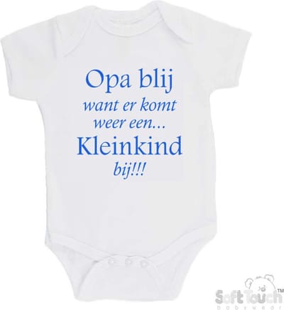100% katoenen Romper "Opa blij want er komt weer een kleinkind bij!!!" Jongens Katoen Wit/blauw Maat 62/68