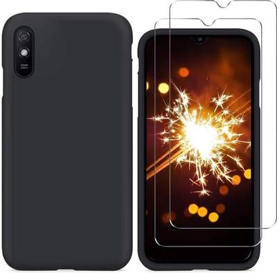 Silicone hoesje zwart met 2 Pack Tempered glas Screen Protector Geschikt voor: Xiaomi Redmi 9