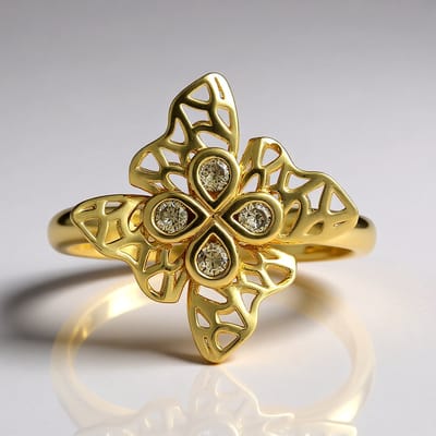 Cavill - 9K Geel Goud Ring - 4x I2 Champagne Diamanten 0,108 ct - Filigraan Bloem Motief - Ronde Briljant Sieraad - Luxe Elegante Damesring