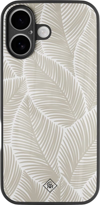 Casimoda® hoesje - Geschikt voor iPhone 16 - Palmy Leaves Beige - Luxe Hard Case Zwart - Backcover telefoonhoesje - Bruin/beige