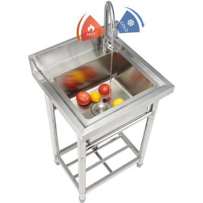 VEVOR gootsteen roestvrijstalen spoelbak, vrijstaande spoelbak met kraan en poten, 41 x 33 x 22 cm commerciële enkele spoelbak voor garage, restaurant, keuken, commerciële spoelbak