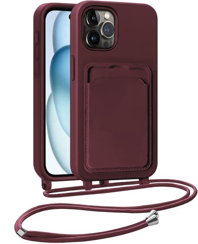 Hoesje Geschikt voor iPhone 14 Pro Hoesje Met Telefoonkoord en Pasjeshouder Siliconen - Hoes Geschikt voor iPhone 14 Pro Hoesje Met Kaarthouder Case - Aubergine