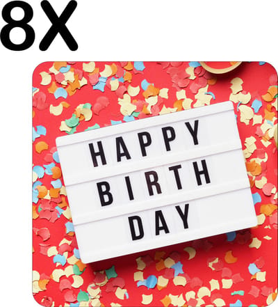 Luxe Placemat - Happy Birthday met Confetti en Slingers - Set van 8 Placemats - 50x50 cm - 2 mm dik Vinyl - Anti Slip - Afneembaar