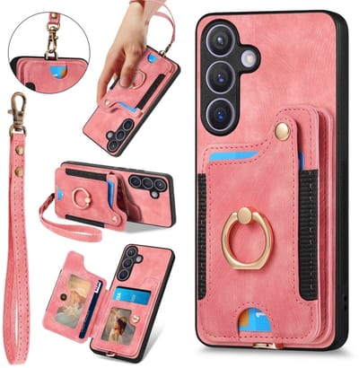Voor Samsung Galaxy S24+ 5G Retro Skin-feel Ring Multi-card portemonnee telefoonhoesje (roze)