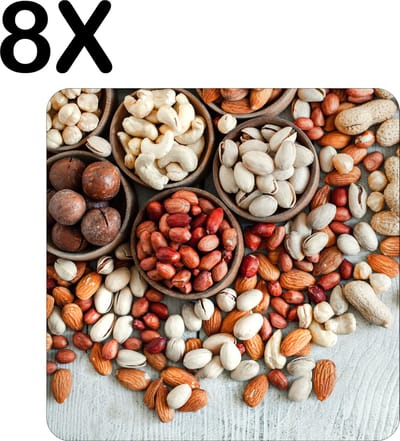 Luxe Placemat - Verschillende Nootjes op Lichte Achtergrond - Set van 8 Placemats - 50x50 cm - 2 mm dik Vinyl - Anti Slip - Afneembaar