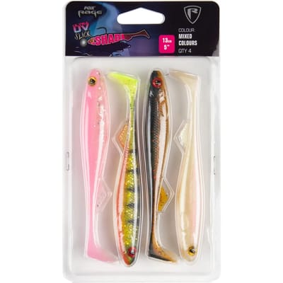 Fox Rage Slick Shad UV Mixed Colour Pack – 4 Stuks UV GP; SD; PR; BB; BF 13cm UV GP; SD; PR; BB; BF