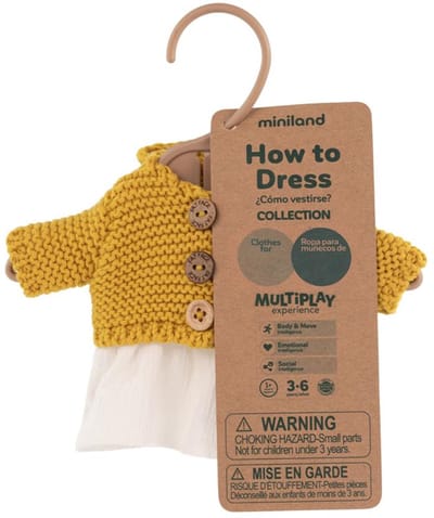 ML Poppen: KLEDIJ SET wit/oker voor meisje 21cm, 3-delig, kleedje, vest en  broekje, met kleerhanger, 3+