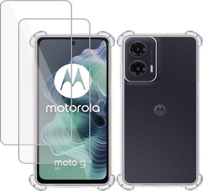 Hoesje + 2x Screenprotector geschikt voor Motorola Moto G35 – Tempered Glass - Extreme Shock Case Transparant