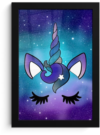 Poster in lijst - Fotolijst 20x30 cm - Posters - Eenhoorn - Sterrenhemel - Ster - Blauw - Posterlijst zwart - Decoratie - Wanddecoratie woonkamer - Muurdecoratie slaapkamer