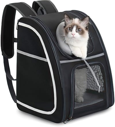 Opvouwbare Kattenrugzak – Ademend Dierenvervoer Tas met 4-Ring Staalframe – Zwart/Grijs