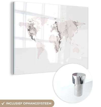 ® Glasschilderij 120x90 cm - Schilderij acrylglas - Wereldkaart - Marmer - Grijs - Foto op glas - Muurdecoratie woonkamer - Wanddecoratie slaapkamer - Schilderijen