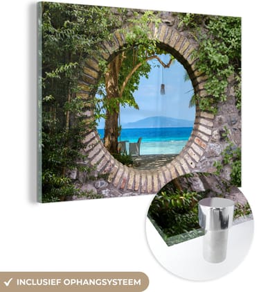 MuchoWow® Glasschilderij 120x90 cm - Schilderij acrylglas - Strand - Doorkijk - Tropisch - Strandstoel - Foto op glas - Schilderijen