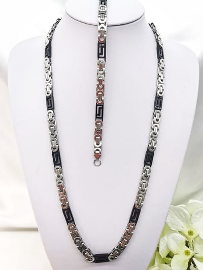 Set RVS - HEREN - Bi-color platte - Koningsschakel - Zilver met Grieks motief zwart blok design met armband 22 cm