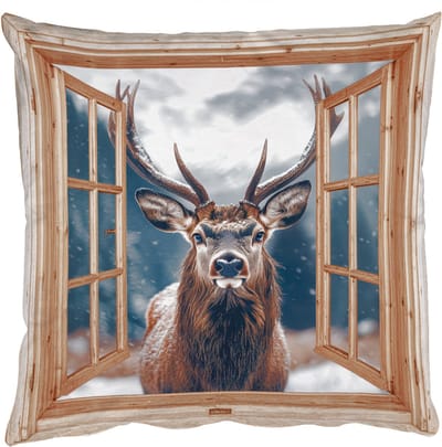 Sierkussens - Kussentjes Woonkamer - 50x50 cm - Doorkijk - Hert - Dieren - Winterlandschap - Sneeuw
