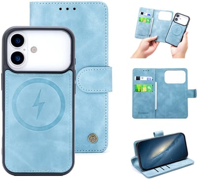 Casemania Hoesje Geschikt voor Apple iPhone 17 Pro - Aqua Blue - Kunstleer 2 in 1 Afneembare Bookcase - Geschikt voor MagSafe - Magnetische Telefoonhoesje met Pasjeshouder en Standaardfunctie