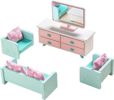 Mini Meubels en Accessoires voor Woonkamer - Set van 10 stuks van Hout met Bank, Tafel, TV en 3 Fauteuils