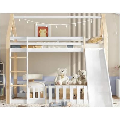 ModernLuxe Kinder stapelbed 90×200 cm - met hekwerk en glijbaan - met trap van 3 treden - Massief hout + MDF - wit (zonder matras)