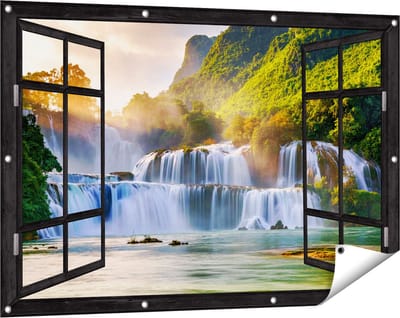 Gards Tuinposter Doorkijk Watervallen tussen de Bomen - 120x80 cm - Tuindoek - Tuindecoratie - Wanddecoratie buiten - Tuinschilderij