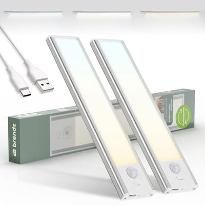 Brendz LED Kastverlichting met bewegingssensor, 2 x 20 cm, USB-C Oplaadbaar, Dimbaar, Magnetisch, 3 Kleurtemperaturen, Draadloos, Kastverlichting op Batterij, Zilver