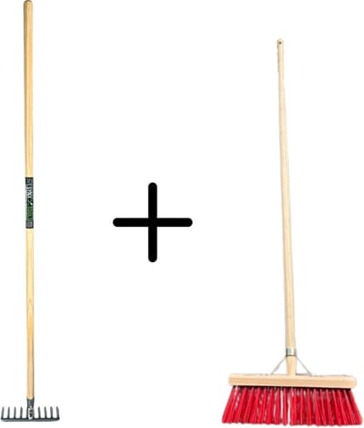 Synx Tools Tuinhark 10 Tanden verzinkt + Nylon Straatbezem 35 cm - Kunststof haren - Bodembewerkers - Onkruidverwijderaar – Schrobborstels – Buitenbezem met steel 150 cm – Hark met steel 150 cm