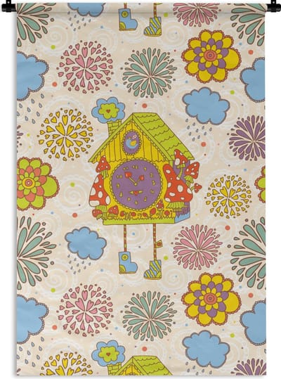 Wandkleed - Wanddoek - Koekoeksklok - Patronen - Paddenstoel - Bloemen - 60x90 cm - Wandtapijt