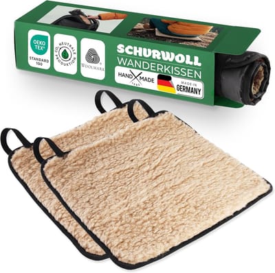 Novaliv 2-delige set outdoor zitkussens, 38 x 38 cm, lichtbruin, wandelkussens gemaakt van zuivere wol, waterafstotende PA-achterkant, thermisch isolerend, ademend, lichtgewicht, rugzakvriendelijk - voor kamperen, trektochten en picknicks.
