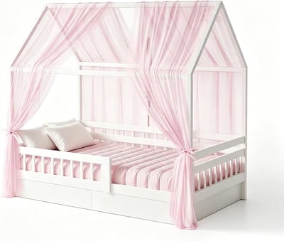 hemelset, 2 stuks bedhemel, huisbed voor huisbed, decoratie meisjes en jongens, bedgordijn, hemelbed, gordijnen voor kinderbed, kinderkamer, decoratie, 150 x 350 cm (roze)