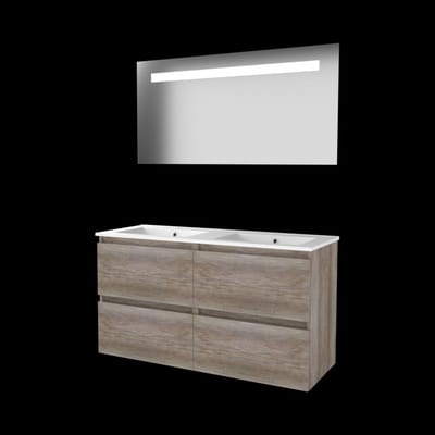 Basic-Line Economic 46 Badkamermeubelset - 120 x 46 cm - Greeploos - 4 Lades - Keramische Wastafel - 2 Kraangaten - Spiegel met LED Verlichting - Scotch Oak