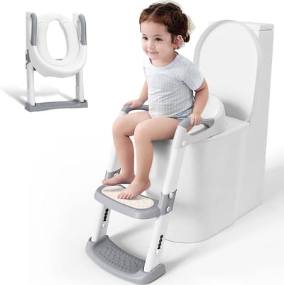 Toiletbril voor kinderen, toilettrainer met trap, in hoogte verstelbaar, opvouwbare kindertoilettrainer met gevoerde zitting, stabiele antislip trap en veiligheidsgreep