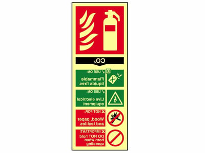 Brandblusser Markering - Veiligheidspictogram CO2 - Brandpreventie Instructies - Fotoluminescent Lichtgevend - 75 x 200 mm - Zwart