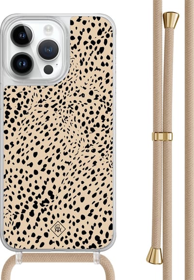 Casimoda® hoesje met beige koord - Geschikt voor iPhone 14 Pro Max - Stippen bruin abstract - Afneembaar koord - TPU/polycarbonaat - Bruin/beige