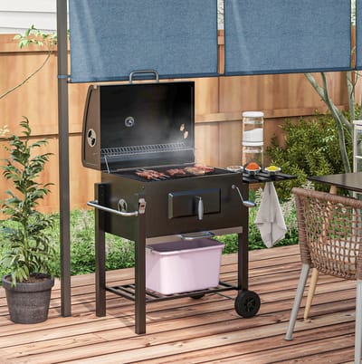 MEUNIQ houtskoolbarbecue met deksel en wielen 113 x 65 x 108 cm, grillwagen met verstelbare kolenbak, thermometer, zijplank en warmhoudrek voor tuin en terras, zwart