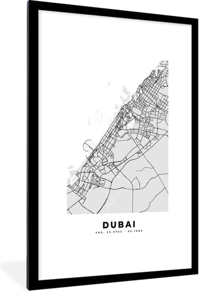 Fotolijst incl. Poster Zwart Wit- Dubai - Stadskaart - Plattegrond - Zwart Wit - Kaart - 80x120 cm - Posterlijst