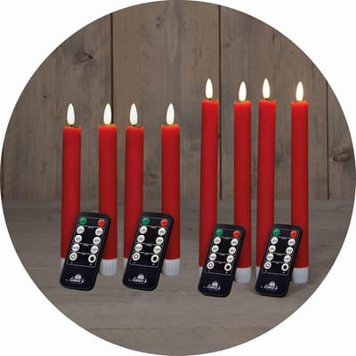 Voordeelset LED-staafkaarsen met timer klein + groot ROOD 8 stuks ROOD voor binnen - 6 uur - ECHTE WAS 18 cm + 23 cm hoogte voor kaarsen 2,2 cm diameter 2 AAA-batterijen vereist LED-staafkaarsen flikkerende vlam
