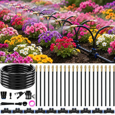 Rosnek Druppelirrigatie Systeem 10M - Tuin Irrigatie Set - Automatisch Bewateringssysteem - 360° Verstelbare Koperen Sproeiers - Grote Diameter Slang - Dual-Port Connector - Voor Kas, Gazon, Moestuin & Potplanten